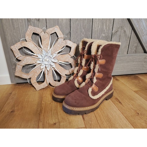 Tommy Hilfiger Boots Faux Shearling Suede Brown Womens Size 7.5 M - Picture 1 of 8